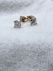 Diamond Earrings Studs Princess Cut In 14k Yellow Gold Push Backs Total 0.38 Ct