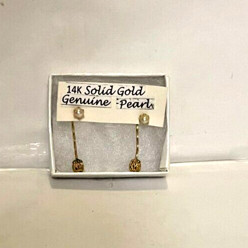14k Solid Gold 1.6 Gram Genuine Pearl Dangle Earrings Excellent Condition Read