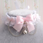 Baby pink bow choker necklace, kitten play collar gear, white lace bell chain