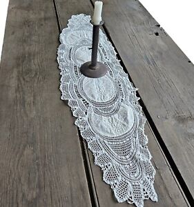 Antique Normandy Lace Doily Table Runner Dresser Scarf White Work Embroidery VTG