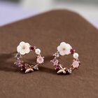 Natural Pearl Crystal Flower Stud Earrings Rose Gold Butterfly Post Earrings