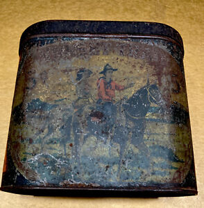 ANTIQUE SUNSET TRAIL CIGAR TIN LITHO SMOKING TOBACCO CAN COWBOY COWGIRL WESTERN