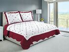 Embroidered Cotton Blend Ultra Soft Bedding Bedspread Quilt Set Red Floral