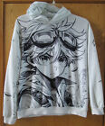 Anime White Hoodie Sz 13-14Y with Full Face Boys Figure, Japanese Lettering