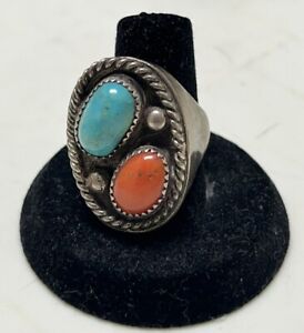 Large Old Pawn Navajo Sterling Silver Turquoise Coral Ring Size 11.5 23G Estate