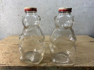 2 Vintage Snow Crest Beverages Clear Glass Bear Bank  Mass. 1950’s w/cap