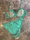 Oily Green Shiny Satin Second Skin Bra Panty Thong Lace Lingerie Set Sissy 90s L