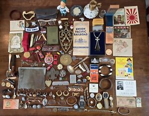 New ListingAmazing Vintage Junk Drawer Lot Rings, Pins, Toys Pendants, Vintage Buckle Watch