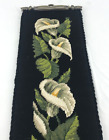 Black Needlepoint Bell Pull Lily Florals 32” X 8 ” Heavy Brass Tone Hardware