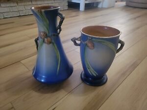 2 ROSEVILLE Pottery Pinecone Blue Vase  #712-12  354-9 Art Deco Lot Rare 12.5