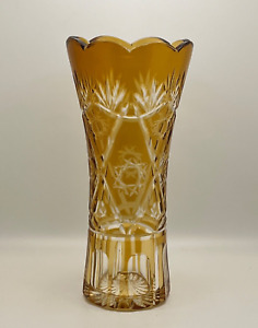 Vintage Czech Amber Vase Cut To Clear Crystal Trumpet Star 7 inch