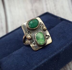 Vintage Native American 925 Sterling Silver Green Turquoise Ring Gold Accent