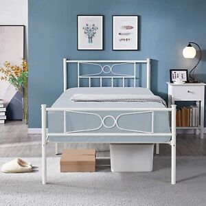 GIME Metal Bed Frame Single Bed Platform W/Storage Space Twin Size Bed, White