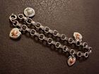Vintage Guilloche Rose Enamel Sterling Silver Charm Chain Bracelet Jewelry-NR