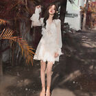 Korean women princess white chiffon long sleeve ruffle dress holiday beach dress