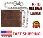 RFID Men's bifold Full Grain  Leather Wallet with Chain, buffalo vintage