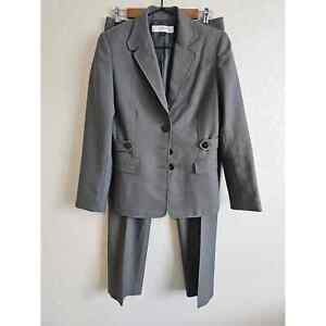 Tahari Suit Womens 4 Solid Gray 3 Button Blazer And Pants 2 Piece Suit