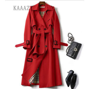 Women's Double Breasted Long Trench Coat Windproof Classic Lapel Belted Overcoat