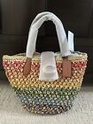 NWT Coach Straw and smooth leather Small Rainbow Tote CJ641 Brass / Multi Color