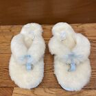 UGG Womens Fluffy White Sheep Fur Slip On Flip Flop Slippers Blue bow Size 7 NEW