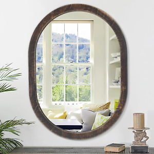 Oval Wall Mirror, Bathroom Mirror of Wood Frame, Rustic Black Wall Mounted Oval