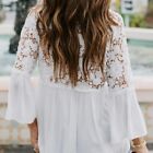 L New Ethereal Boho White Lace 3/4 Sleeve V-Neck Top Blouse Womens Size LARGE