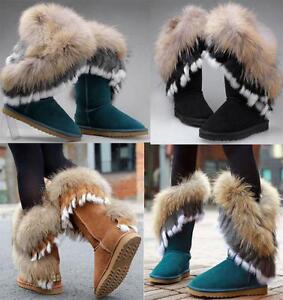 WInter Warm Womens Leather Snow Boots Real Rabbit Fox Fur Mid Calf Boots Plus Sz