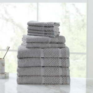 10 Piece Bath Towel Set with Upgraded Softness & Durability, 100% cotton, Gray