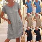 Womens Summer Cotton Linen Midi Dress Ladies Casual Loose Pocket Shirt Dress US