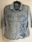 Harley-Davidson Blue Denim Pearl Snap Western Button Up Shirt Womens Wings M