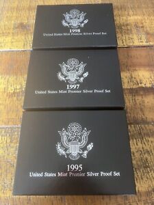 1995, ’97, ‘98 US Mint Premier Silver Proof Sets, All Boxes, COA’s.