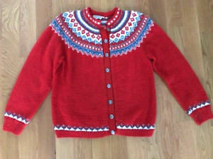 Women's Hand Knit Norwegian Red 100% Wool Sweater Norsk Inc, LG