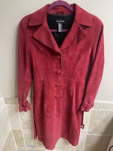 Vintage 90s Suede Bebe Leather Trench Coat Jacket red Small