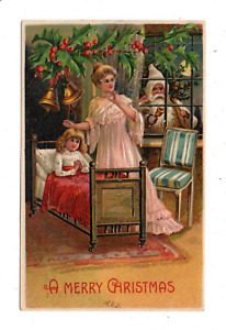 EMBOSSED SANTA CLAUS IN WHITE AT WINDOW, WOMAN, CHILD IN BED, B.W. PUB used 1908