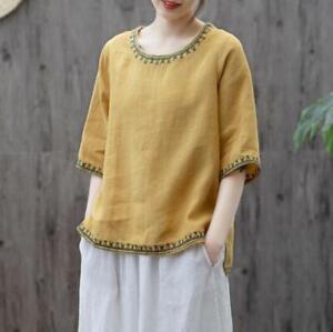 New Women Chinese Style Cotton Linen T-shirt Casual Solid Tops Retro Blouse gift