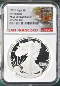 2023 s proof silver eagle ngc pf 69 uc first release trolley label       in hand