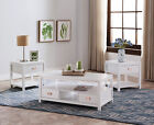 3 Piece White Wood Storage Occasional Table Set, Coffee Table & 2 End Tables