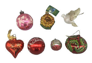 Vintage Christmas Ornaments Ball Sunflower Bird Hand Painted Blown Lot Of 7 Vtg
