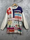 Womens 90s Vintage Knit Sweater Abstract Floral Fringe Breaded Large Geometric