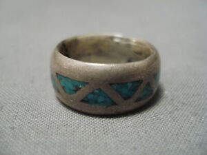 INCREDIBLE VINTAGE NAVAJO TURQUOISE INLAY STERLING SILVER NATIVE AMERICAN RING