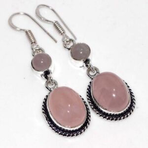 925 Silver Plated-Rose Quartz Ethnic Long Gemstone Earrings Jewelry 2