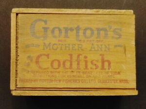 Antique Gorton's Mother Ann Codfish Wood Box Gloucester Mass Advertisement