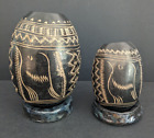 2x Vintage African Hand Carved Calabash Gourds with Birds and Stands