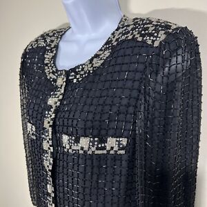 New ListingKelly’s Grace Vintage 100% Silk Beaded Jacket Size M Black Silver Beads