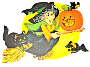 Vtg Hallmark Halloween Die Cut Witch on Broom With Black Cat & Pumpkin Decor