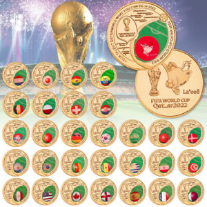 2022 World Cup Gold Plated Challenge Coin Flag Football Souvenir Gift for Fans
