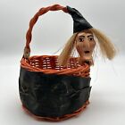 Vtg Halloween Folk Art Paper Mache Witch Basket Candy Treat Holder Decor 5x7”