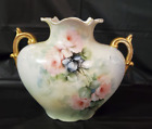 JP Limoges France Hand Painted Signed Roses Floral Ruffled Vase Two Handles