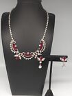 Mid-century Silver Tone Clear Red Prong Set Rhinestones Necklace & earrings set