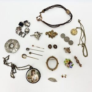 Lot of Antique Vtg Jewellery Mixed Metal Cameo Mourning Micro Mosaic Stick Pins